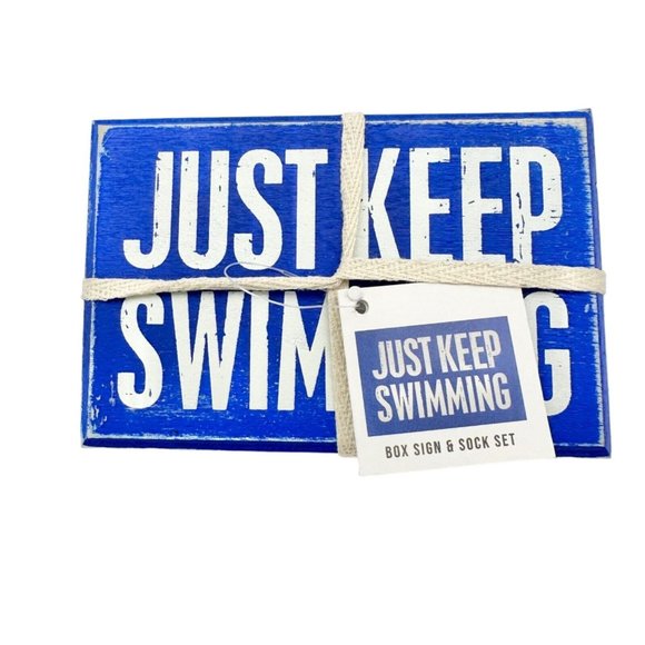 Primitives by Kathy Box Sign & Sock Set Sign 4.5 x3 inch Blue Just Keep Swimming - Picture 1 of 8